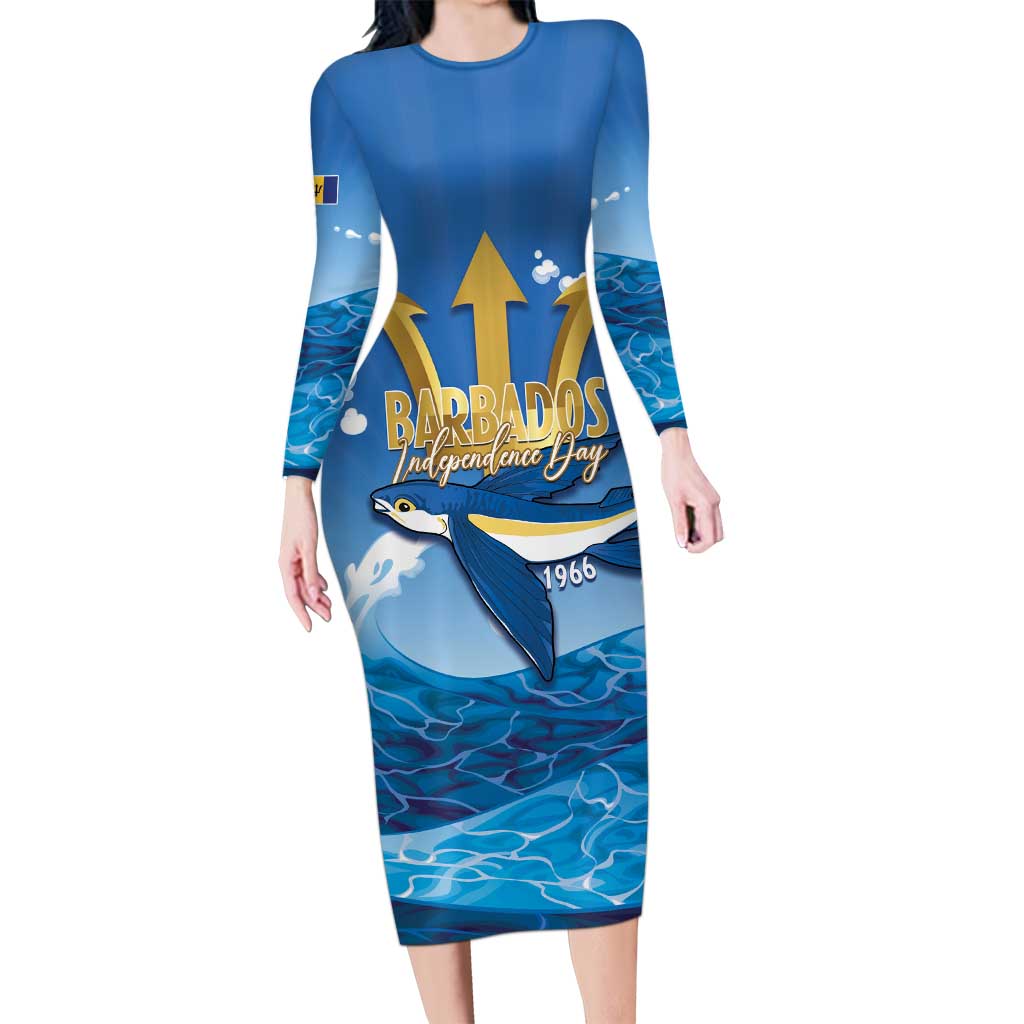Barbados Independence Day Long Sleeve Bodycon Dress Gold Trident and Flying Fish - Wonder Print Shop