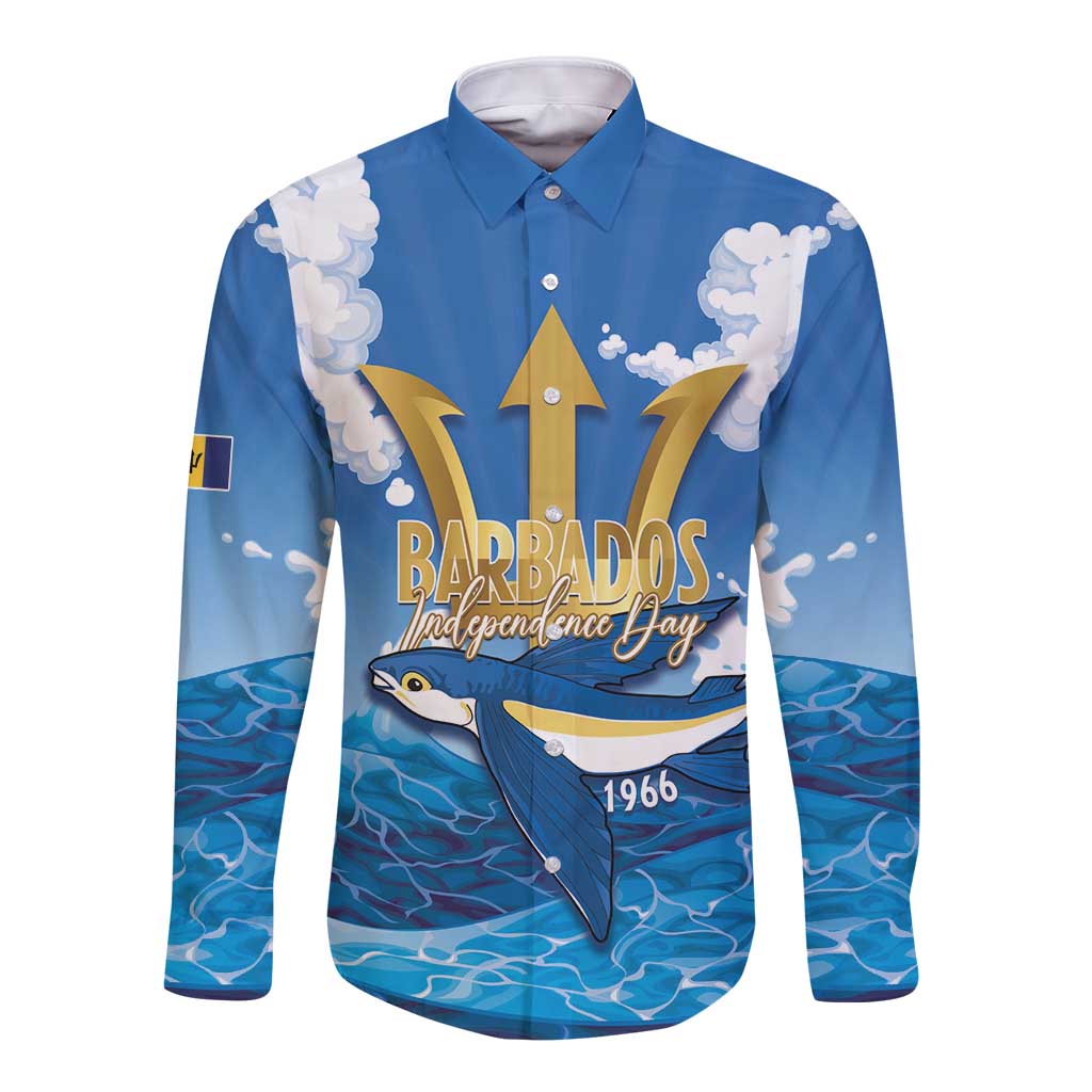 Barbados Independence Day Long Sleeve Button Shirt Gold Trident and Flying Fish - Wonder Print Shop
