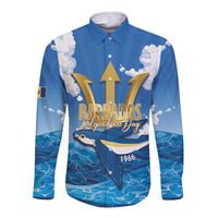 Barbados Independence Day Long Sleeve Button Shirt Gold Trident and Flying Fish - Wonder Print Shop