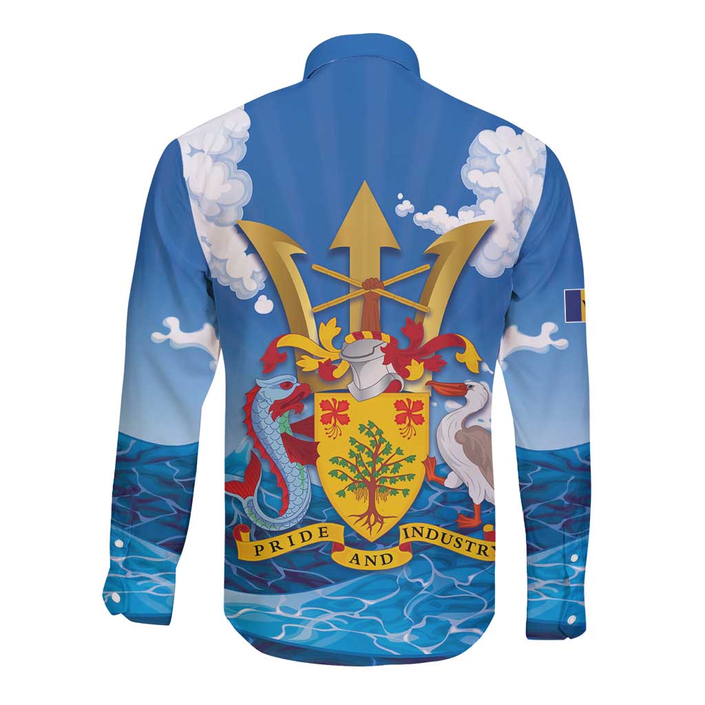 Barbados Independence Day Long Sleeve Button Shirt Gold Trident and Flying Fish - Wonder Print Shop
