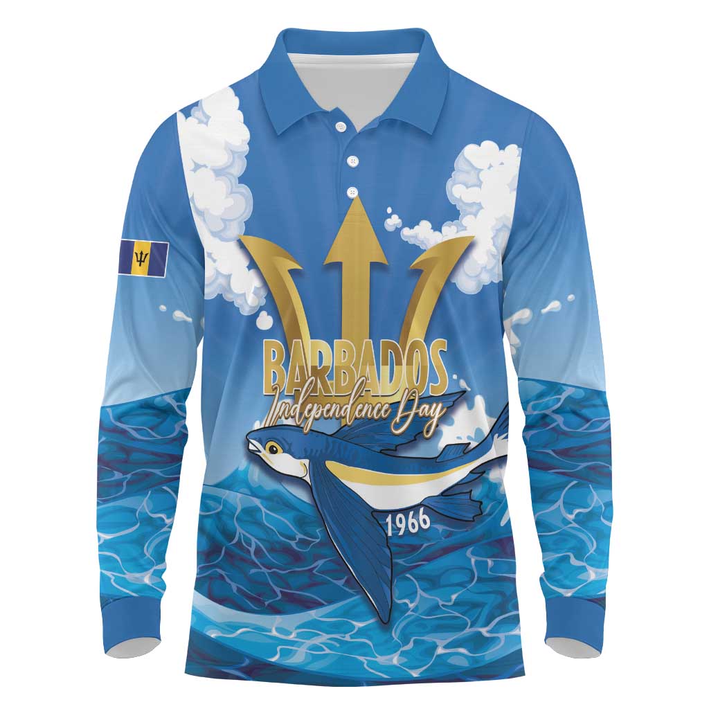 Barbados Independence Day Long Sleeve Polo Shirt Gold Trident and Flying Fish - Wonder Print Shop