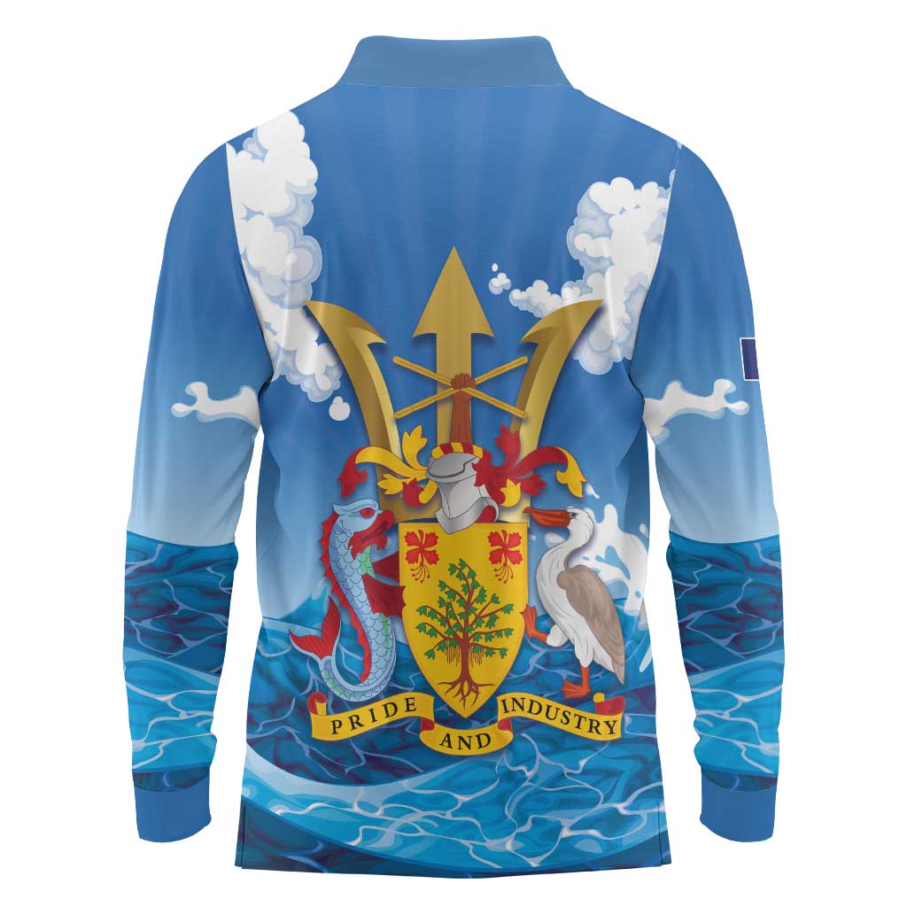 Barbados Independence Day Long Sleeve Polo Shirt Gold Trident and Flying Fish - Wonder Print Shop