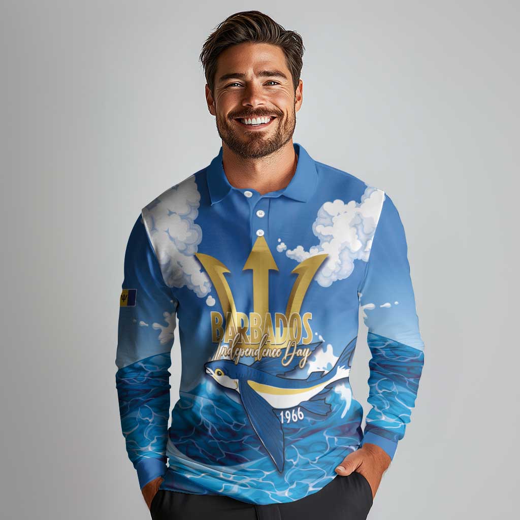 Barbados Independence Day Long Sleeve Polo Shirt Gold Trident and Flying Fish - Wonder Print Shop