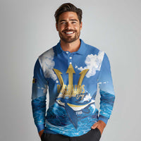 Barbados Independence Day Long Sleeve Polo Shirt Gold Trident and Flying Fish - Wonder Print Shop