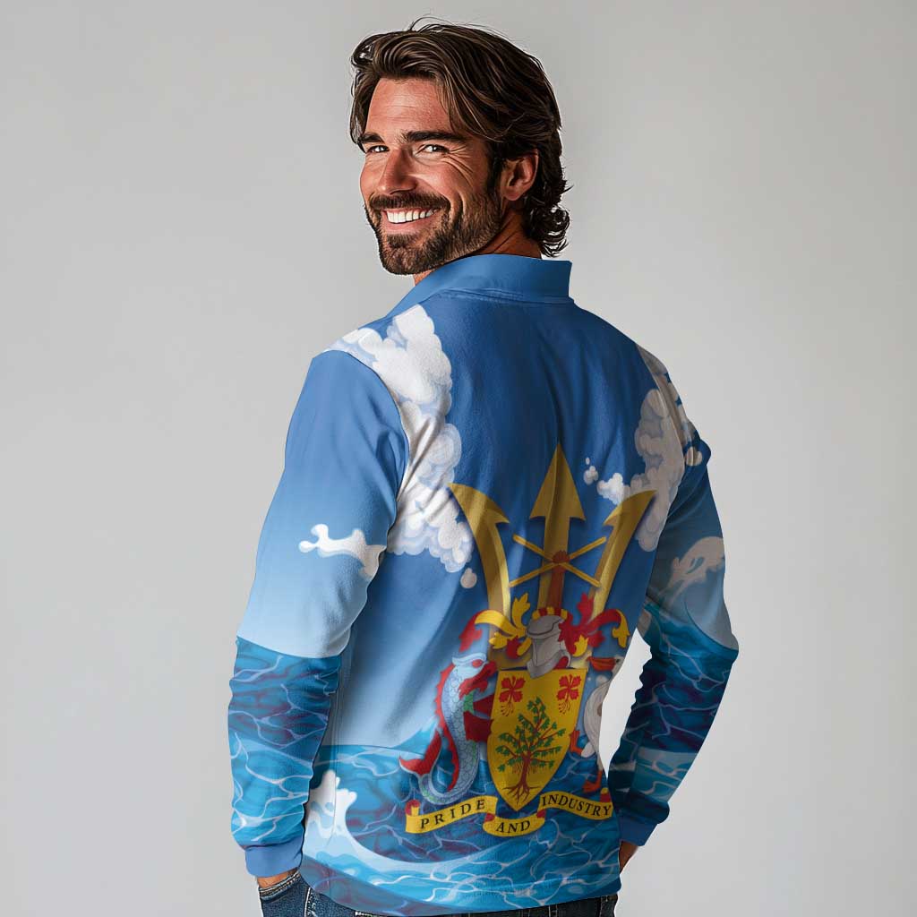Barbados Independence Day Long Sleeve Polo Shirt Gold Trident and Flying Fish - Wonder Print Shop