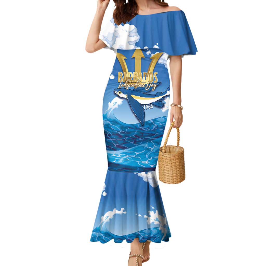 Barbados Independence Day Mermaid Dress Gold Trident and Flying Fish - Wonder Print Shop
