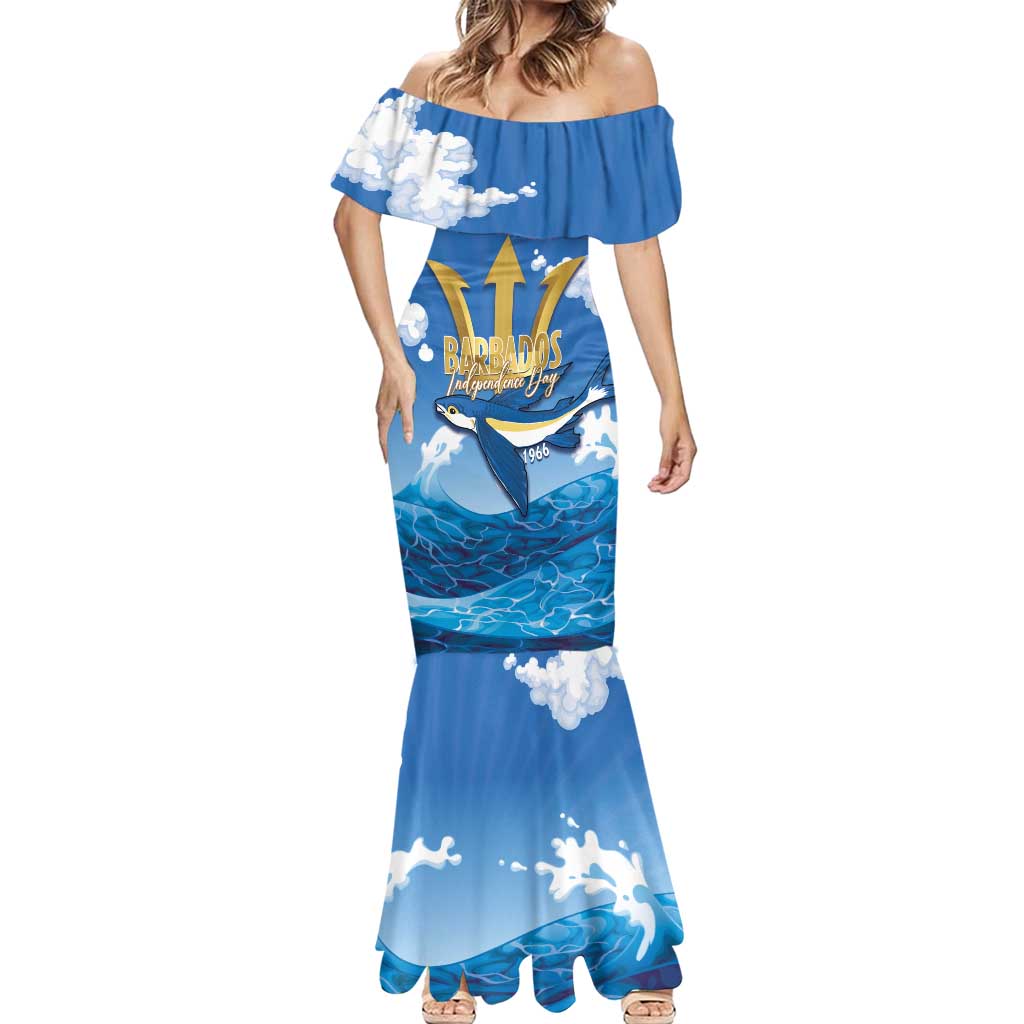 Barbados Independence Day Mermaid Dress Gold Trident and Flying Fish - Wonder Print Shop