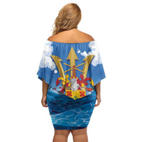 Barbados Independence Day Off Shoulder Short Dress Gold Trident and Flying Fish - Wonder Print Shop