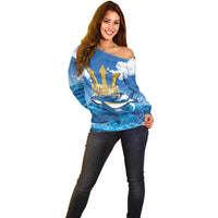 Barbados Independence Day Off Shoulder Sweater Gold Trident and Flying Fish - Wonder Print Shop