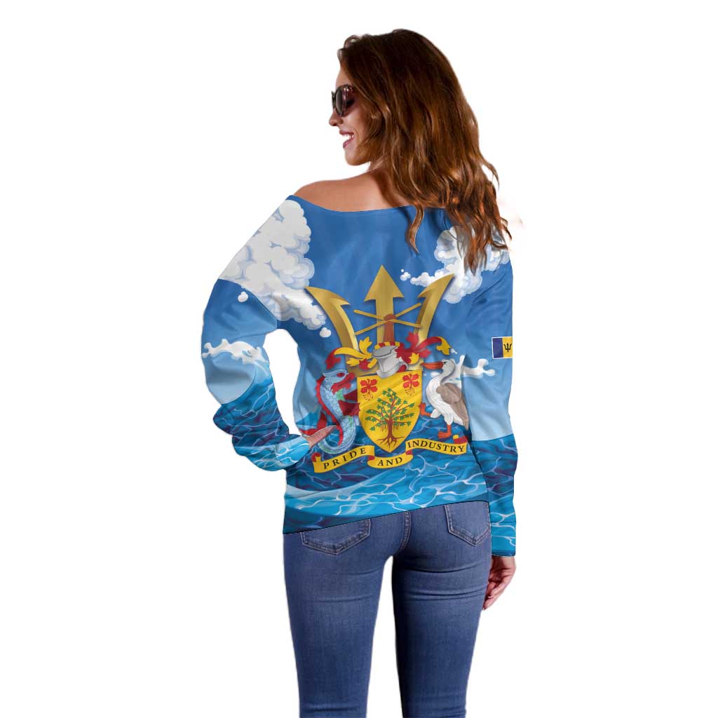 Barbados Independence Day Off Shoulder Sweater Gold Trident and Flying Fish - Wonder Print Shop