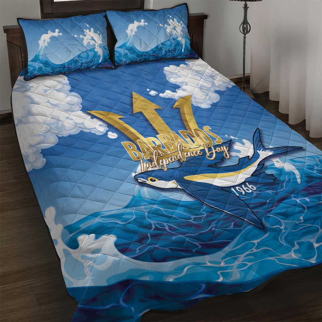 Barbados Independence Day Quilt Bed Set Gold Trident and Flying Fish - Wonder Print Shop