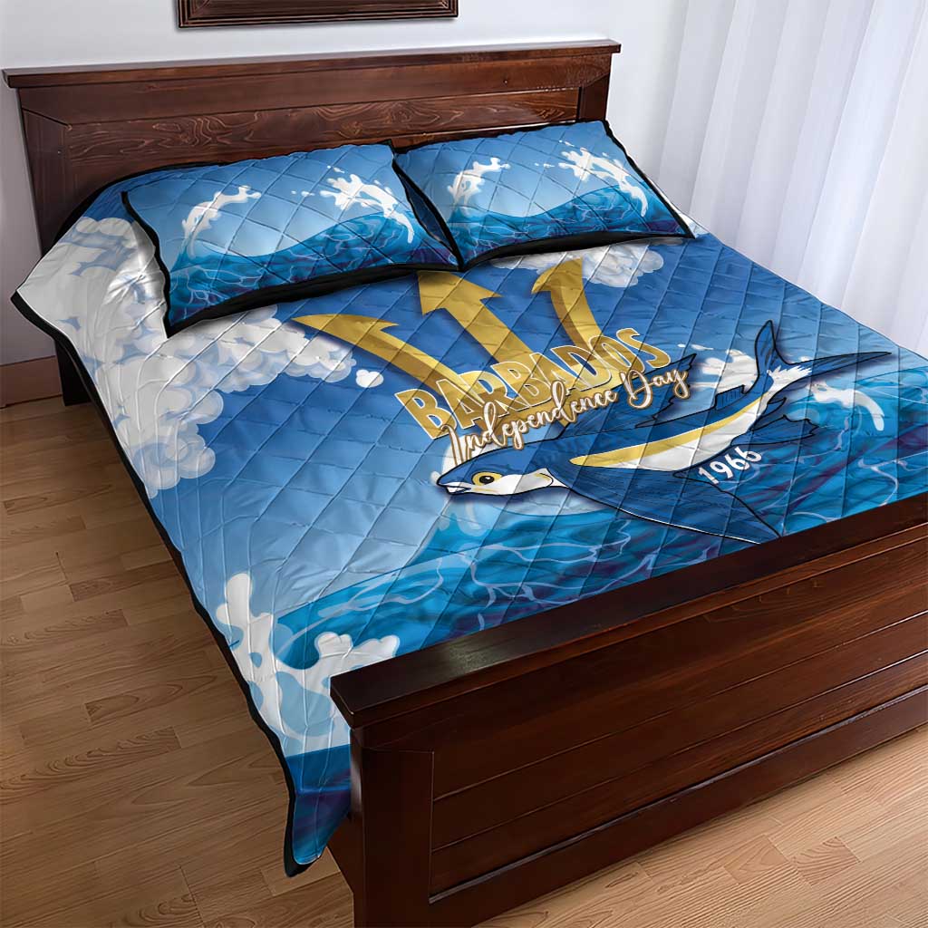 Barbados Independence Day Quilt Bed Set Gold Trident and Flying Fish - Wonder Print Shop