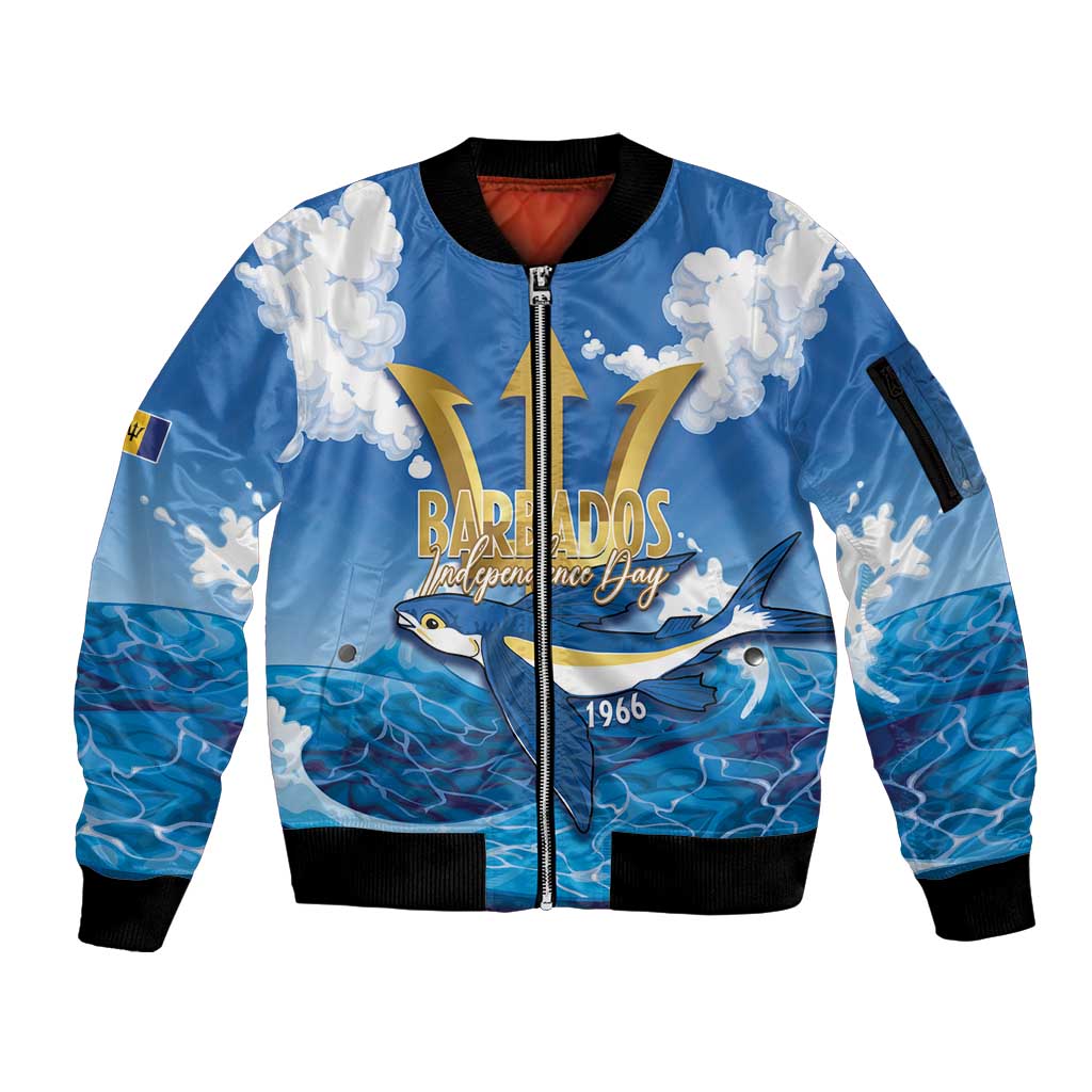 Barbados Independence Day Sleeve Zip Bomber Jacket Gold Trident and Flying Fish - Wonder Print Shop