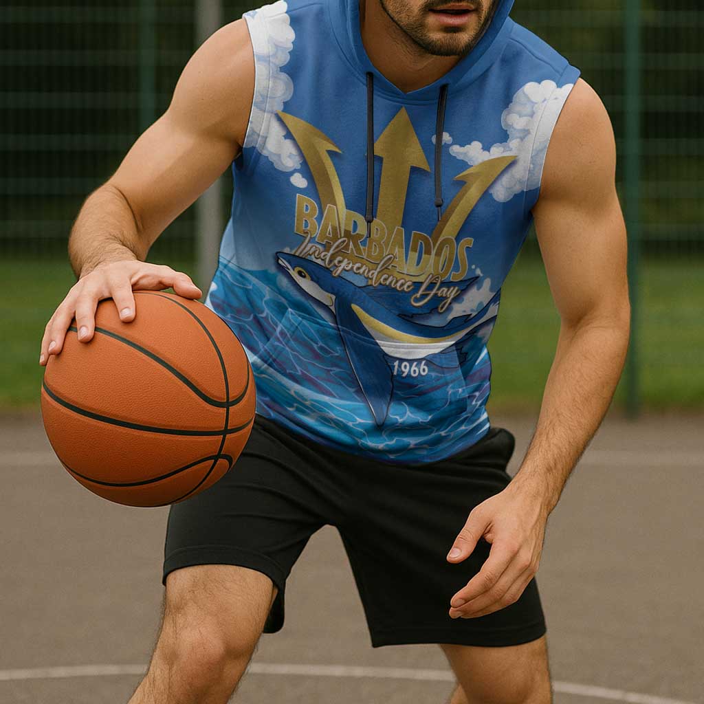 Barbados Independence Day Sleeveless Hoodie Gold Trident and Flying Fish - Wonder Print Shop