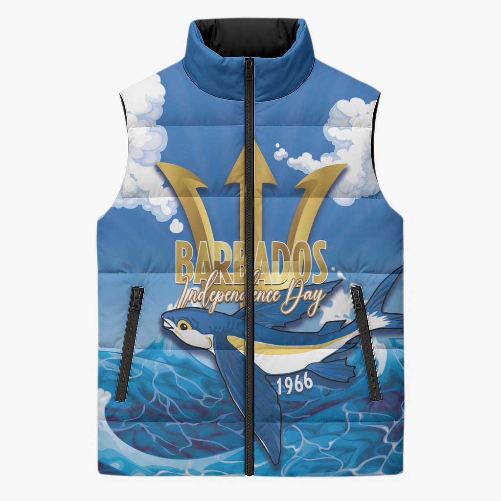 Barbados Independence Day Sleeveless Puffer Jacket Gold Trident and Flying Fish - Wonder Print Shop