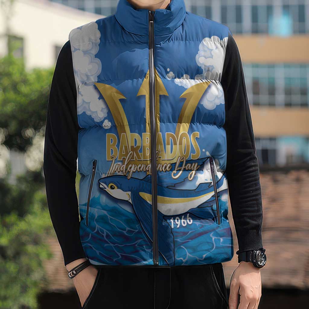 Barbados Independence Day Sleeveless Puffer Jacket Gold Trident and Flying Fish - Wonder Print Shop