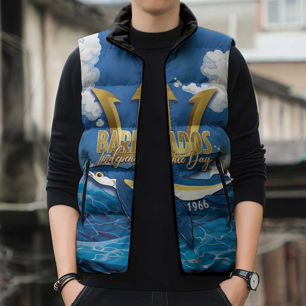 Barbados Independence Day Sleeveless Puffer Jacket Gold Trident and Flying Fish - Wonder Print Shop