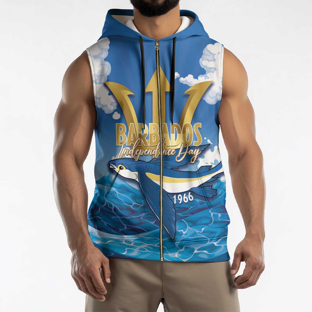 Barbados Independence Day Sleeveless Zip Hoodie Gold Trident and Flying Fish - Wonder Print Shop