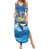 Barbados Independence Day Summer Maxi Dress Gold Trident and Flying Fish - Wonder Print Shop