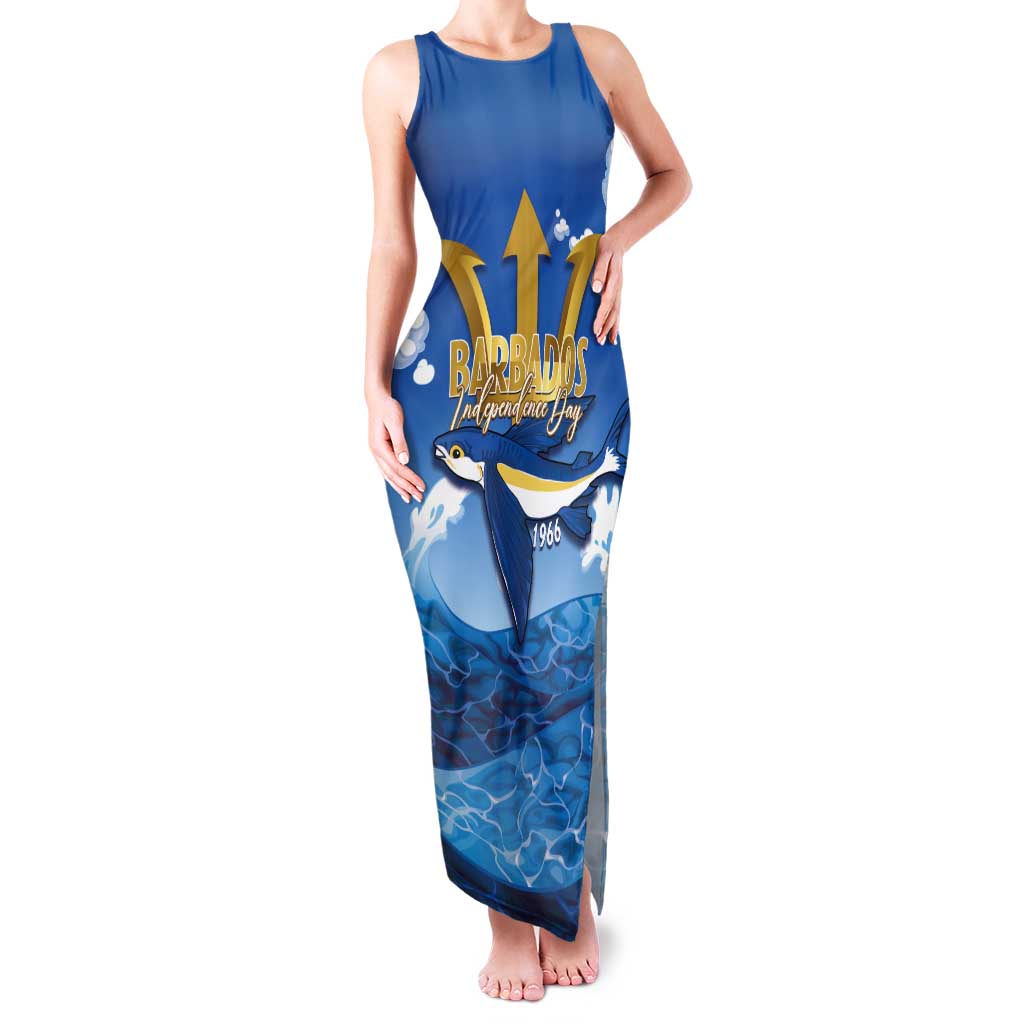 Barbados Independence Day Tank Maxi Dress Gold Trident and Flying Fish - Wonder Print Shop