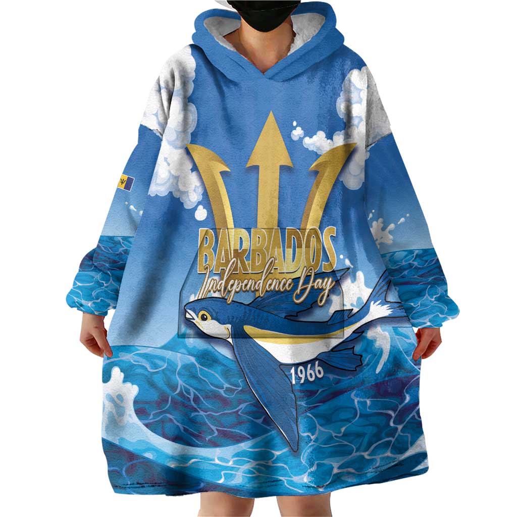 Barbados Independence Day Wearable Blanket Hoodie Gold Trident and Flying Fish - Wonder Print Shop