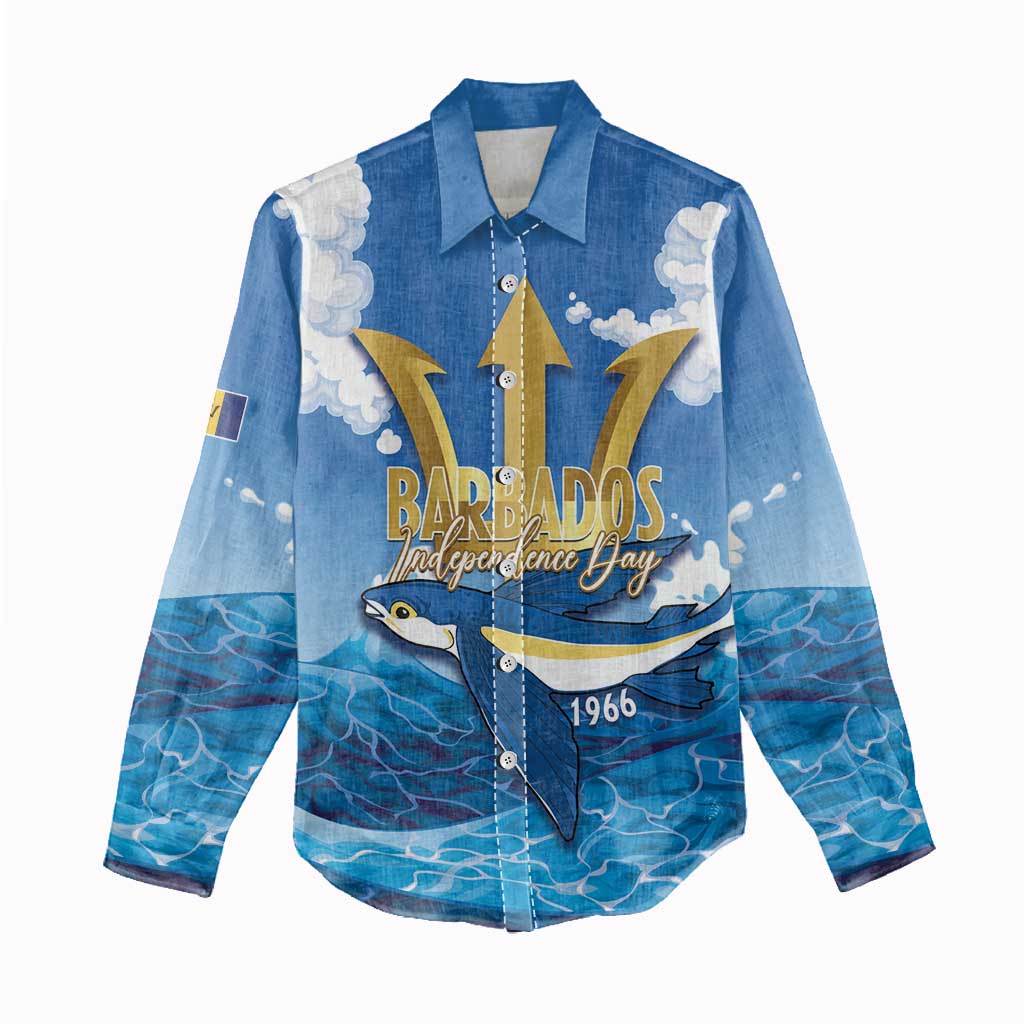 Barbados Independence Day Women Casual Shirt Gold Trident and Flying Fish - Wonder Print Shop