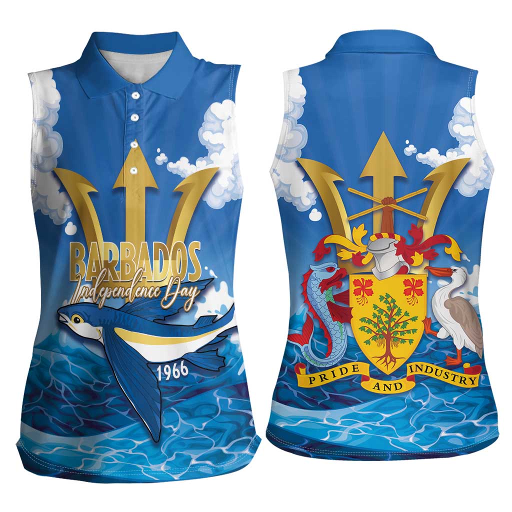 Barbados Independence Day Women Sleeveless Polo Shirt Gold Trident and Flying Fish - Wonder Print Shop
