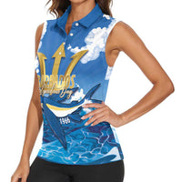 Barbados Independence Day Women Sleeveless Polo Shirt Gold Trident and Flying Fish - Wonder Print Shop