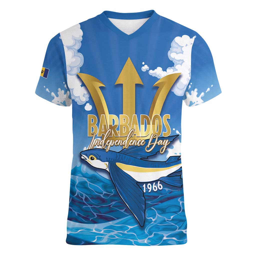 Barbados Independence Day Women V-Neck T-Shirt Gold Trident and Flying Fish - Wonder Print Shop