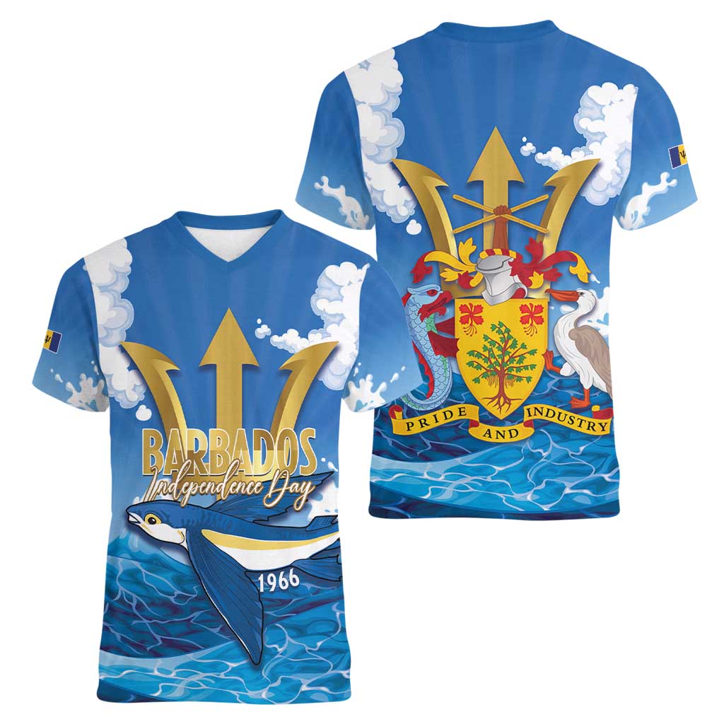 Barbados Independence Day Women V-Neck T-Shirt Gold Trident and Flying Fish - Wonder Print Shop