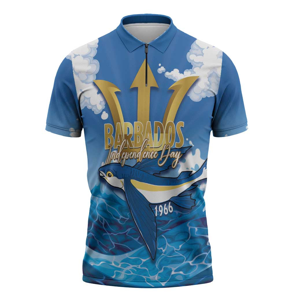 Barbados Independence Day Zipper Polo Shirt Gold Trident and Flying Fish - Wonder Print Shop