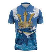 Barbados Independence Day Zipper Polo Shirt Gold Trident and Flying Fish - Wonder Print Shop