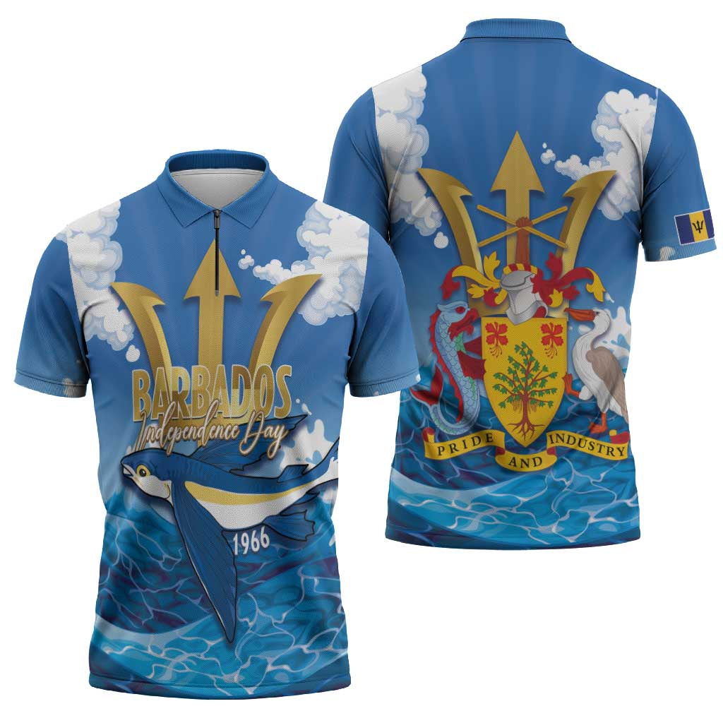 Barbados Independence Day Zipper Polo Shirt Gold Trident and Flying Fish - Wonder Print Shop