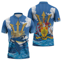 Barbados Independence Day Zipper Polo Shirt Gold Trident and Flying Fish - Wonder Print Shop