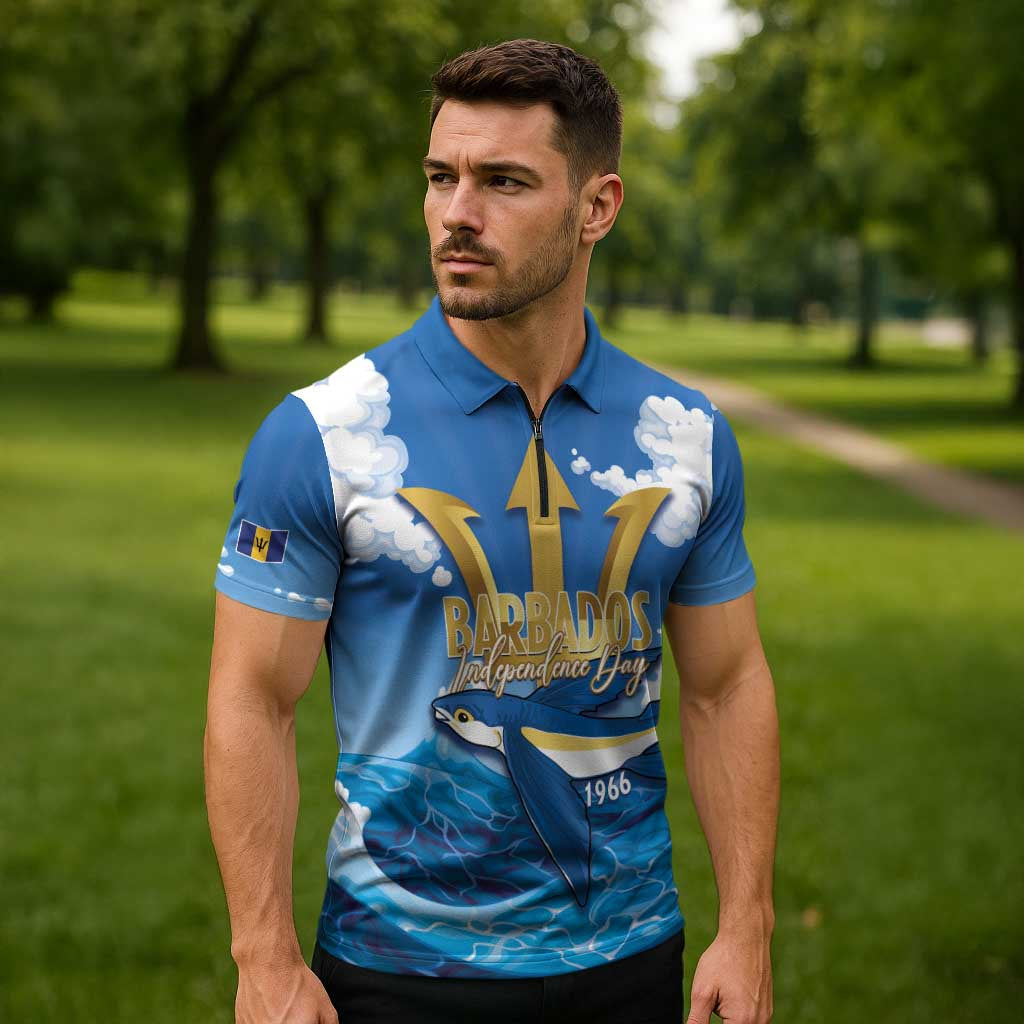 Barbados Independence Day Zipper Polo Shirt Gold Trident and Flying Fish - Wonder Print Shop