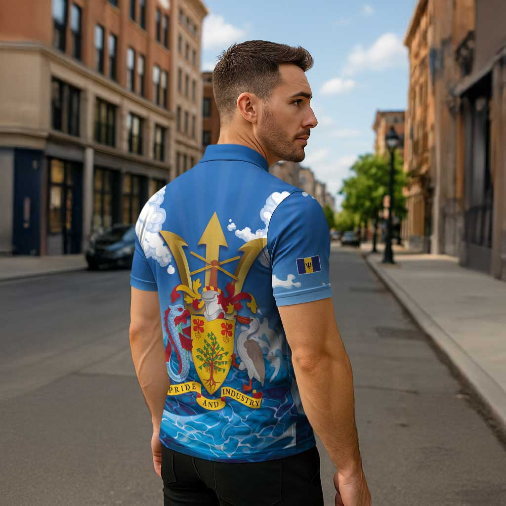 Barbados Independence Day Zipper Polo Shirt Gold Trident and Flying Fish - Wonder Print Shop