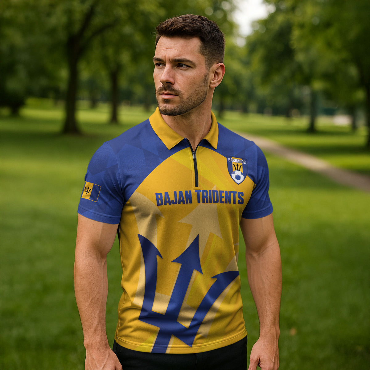 Barbados Football 2026 Custom Zipper Polo Shirt Go Bajan Tridents