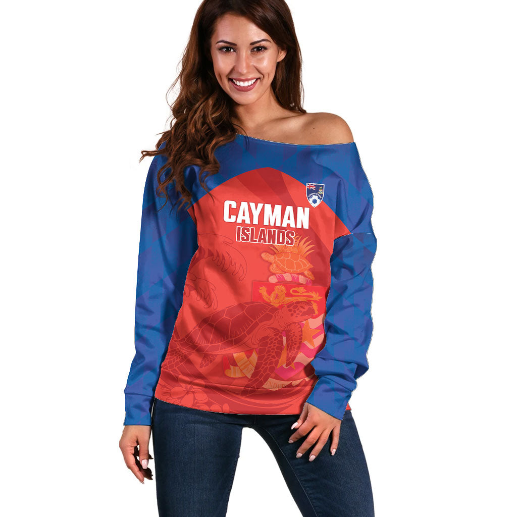 Cayman Islands Football 2026 Custom Off Shoulder Sweater Sea Turtle Coat Of Arms Style