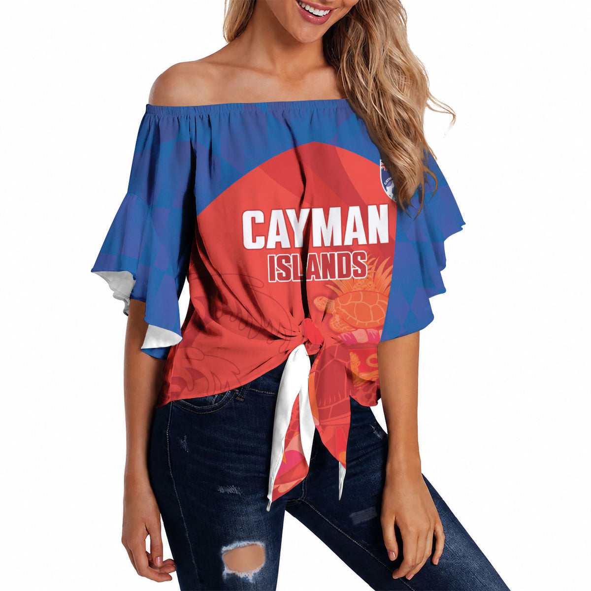 Cayman Islands Football 2026 Custom Off Shoulder Wrap Waist Top Sea Turtle Coat Of Arms Style