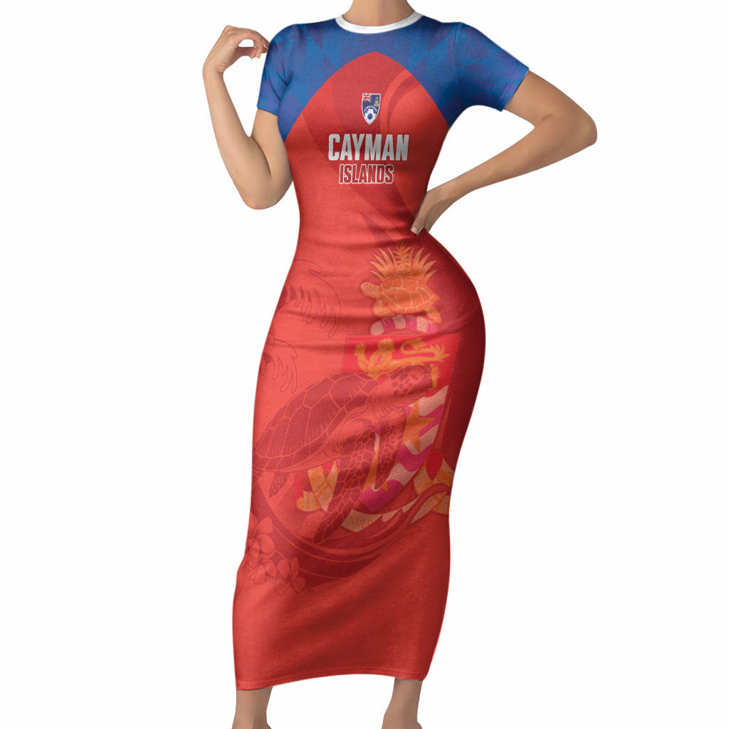 Cayman Islands Football 2026 Custom Short Sleeve Bodycon Dress Sea Turtle Coat Of Arms Style