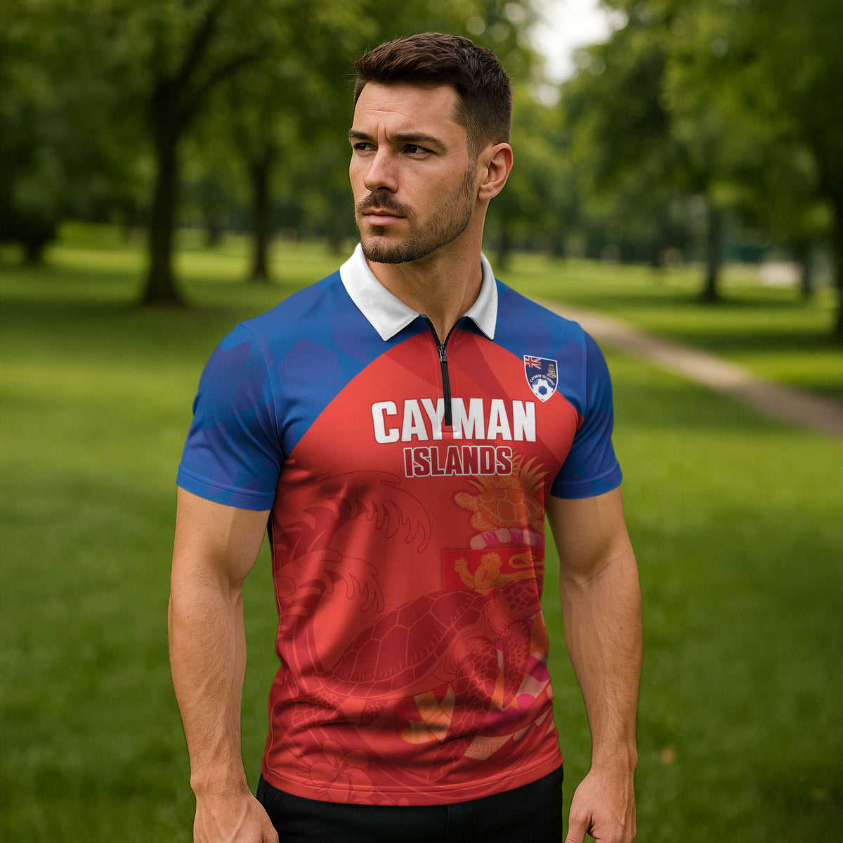 Cayman Islands Football 2026 Custom Zipper Polo Shirt Sea Turtle Coat Of Arms Style