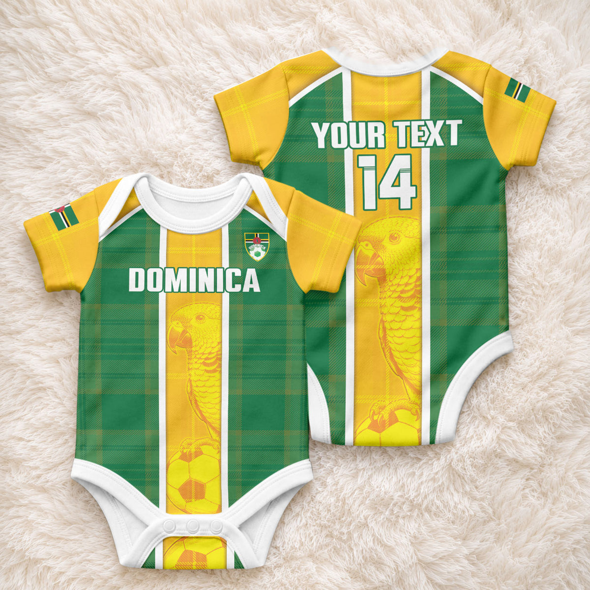 Dominica Football 2026 Custom Baby Onesie Sisserou Parrot Madras Pattern