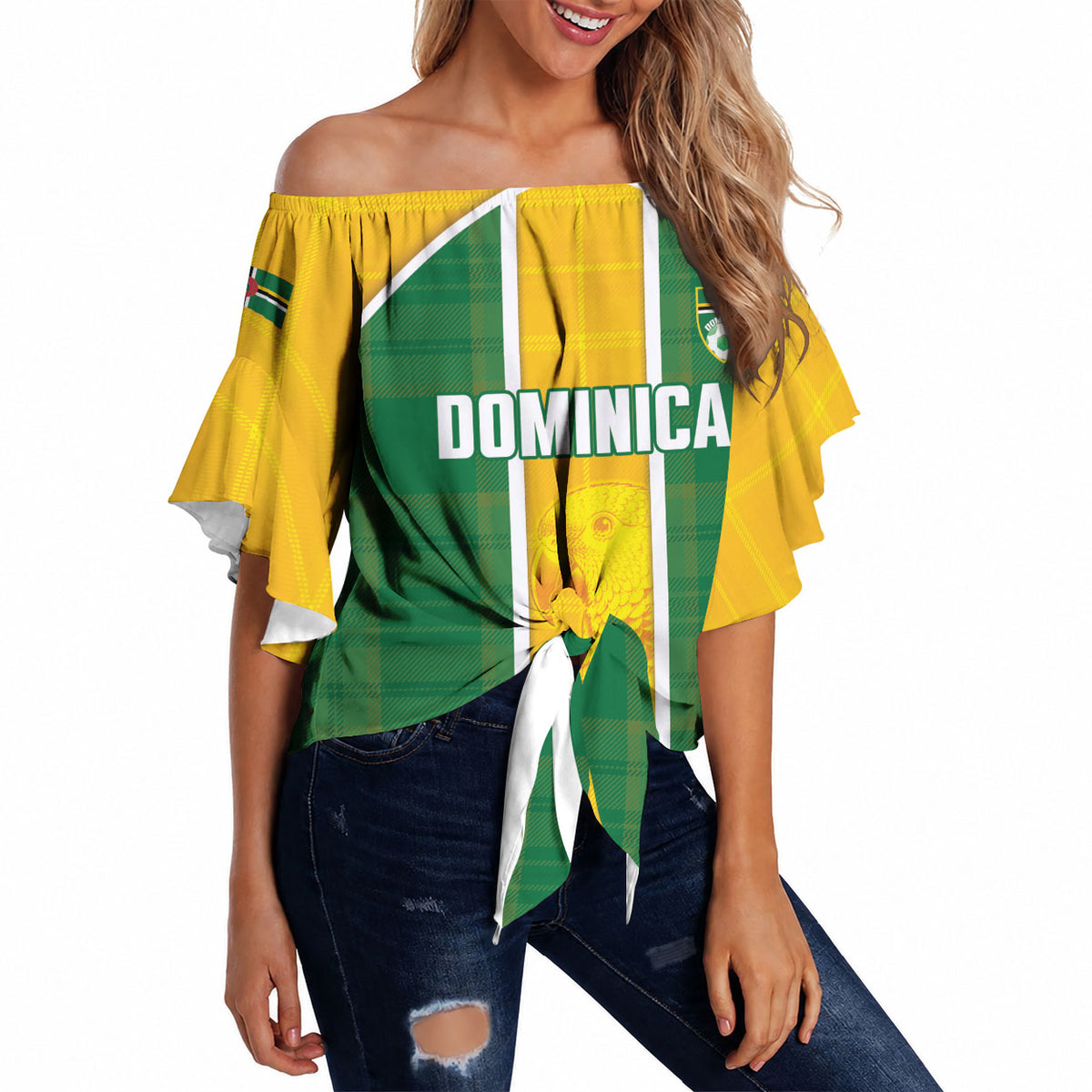 Dominica Football 2026 Custom Off Shoulder Wrap Waist Top Sisserou Parrot Madras Pattern