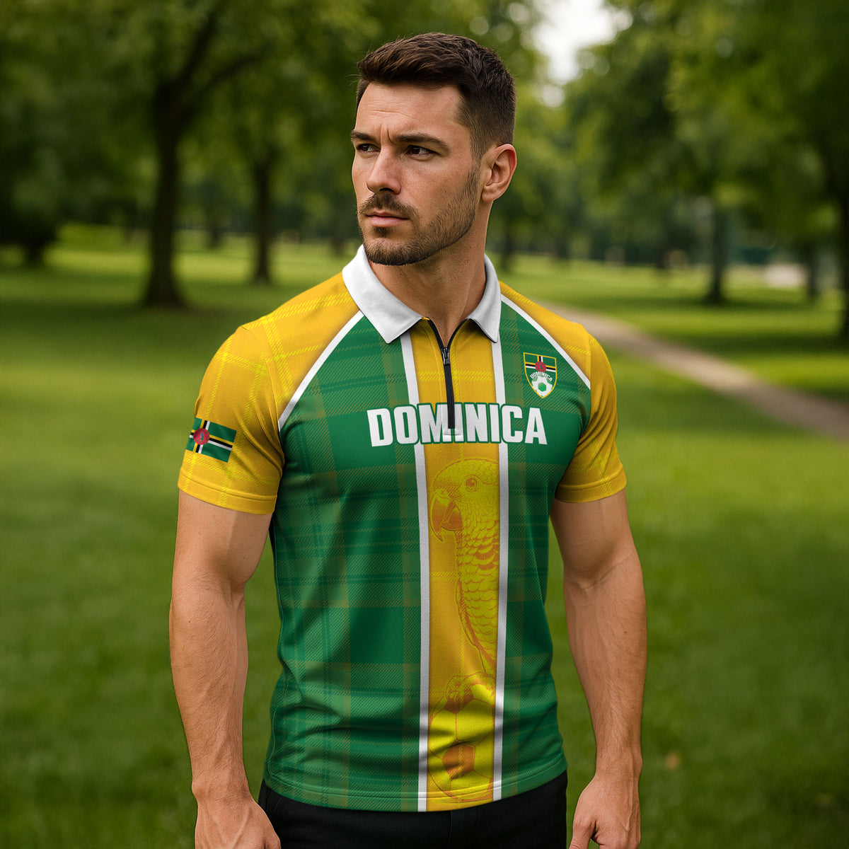 Dominica Football 2026 Custom Zipper Polo Shirt Sisserou Parrot Madras Pattern