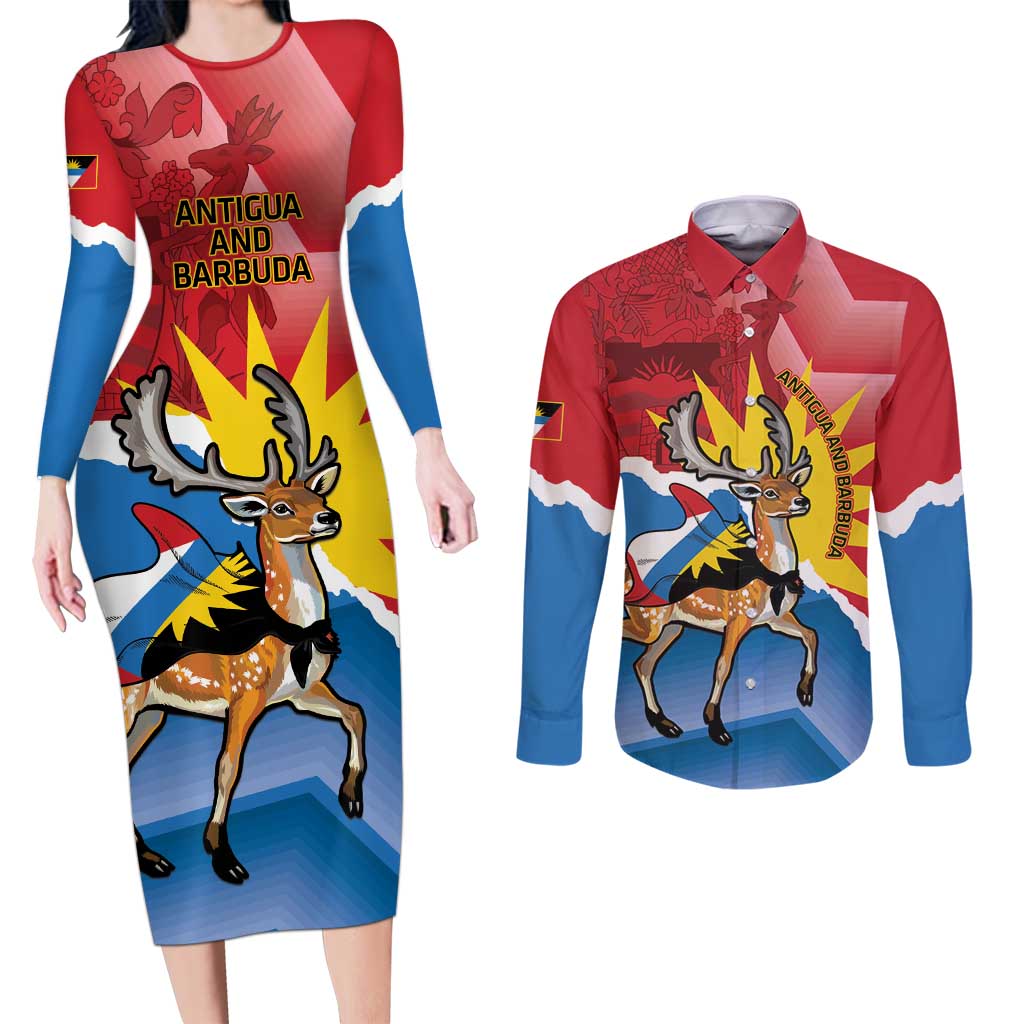 Personalised Antigua and Barbuda Independence Day Couples Matching Long Sleeve Bodycon Dress and Long Sleeve Button Shirt Fallow Deer With Flag - Wonder Print Shop