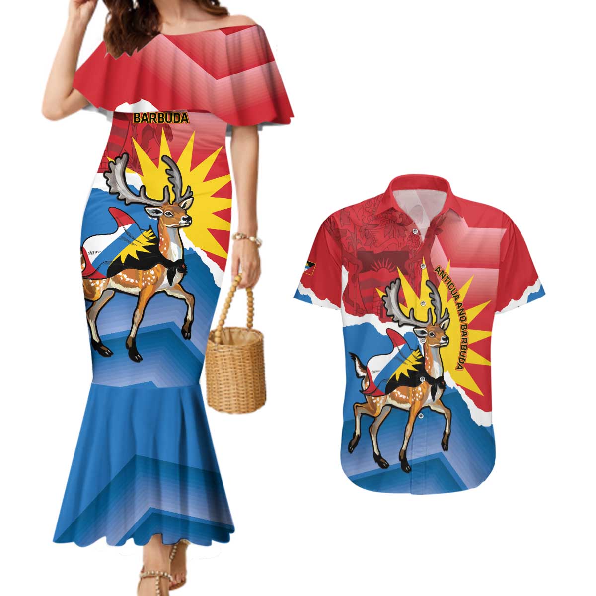 Personalised Antigua and Barbuda Independence Day Couples Matching Mermaid Dress and Hawaiian Shirt Fallow Deer With Flag - Wonder Print Shop