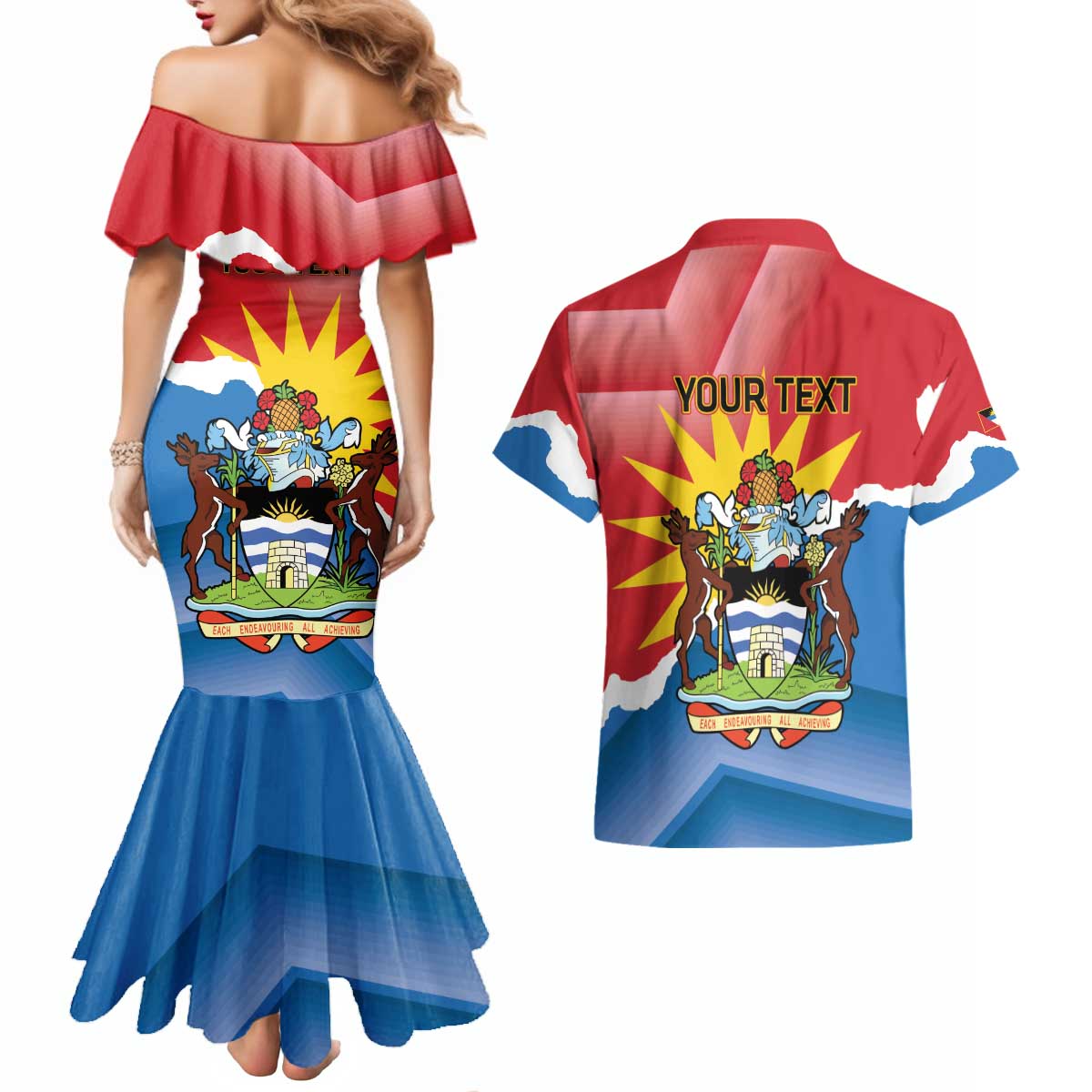 Personalised Antigua and Barbuda Independence Day Couples Matching Mermaid Dress and Hawaiian Shirt Fallow Deer With Flag - Wonder Print Shop