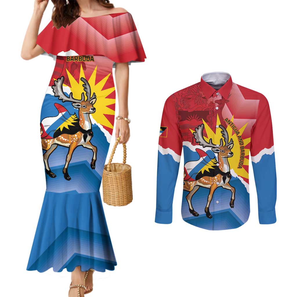 Personalised Antigua and Barbuda Independence Day Couples Matching Mermaid Dress and Long Sleeve Button Shirt Fallow Deer With Flag