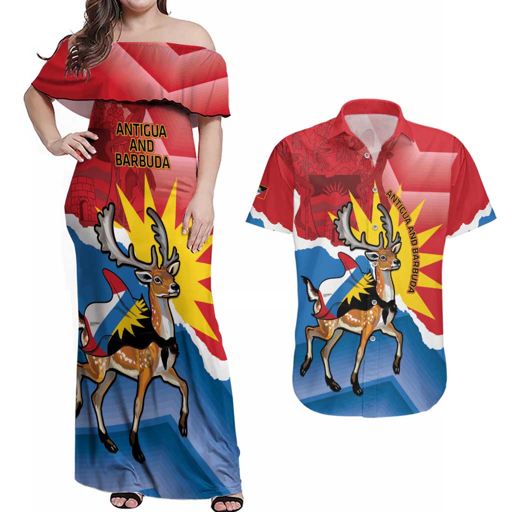 Personalised Antigua and Barbuda Independence Day Couples Matching Off Shoulder Maxi Dress and Hawaiian Shirt Fallow Deer With Flag - Wonder Print Shop