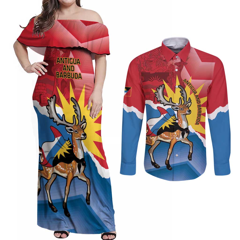 Personalised Antigua and Barbuda Independence Day Couples Matching Off Shoulder Maxi Dress and Long Sleeve Button Shirt Fallow Deer With Flag - Wonder Print Shop